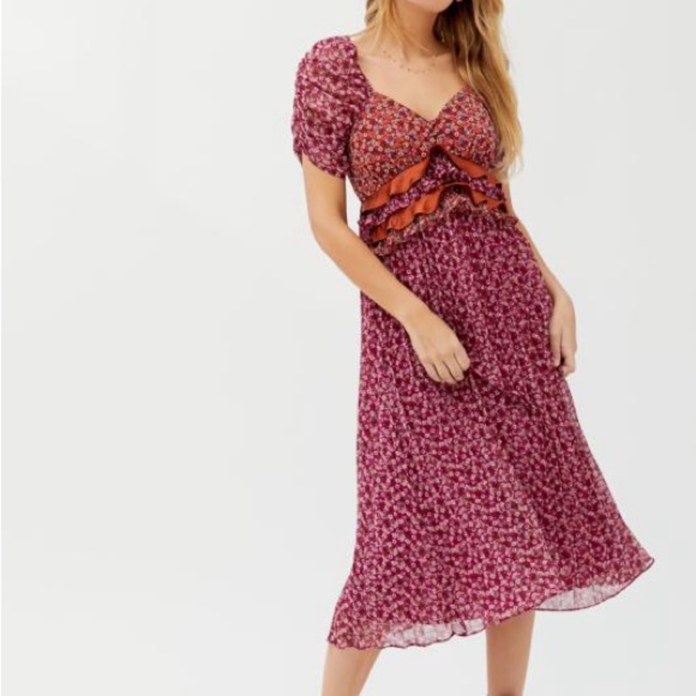UO Giulia Mixed Print Ruffle Midi Dress